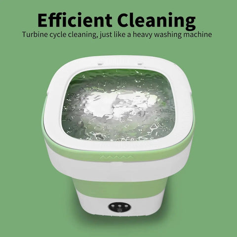 Slick Portable Washing Machine With Dependable Spin Basket, Foldable Mini Washer For Apartment Or College Dorm, Three Cycle Deep Clean Collapsible Laundry Tub In Green showing turbine cycle cleaning in water.
