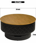 26-Inch Wood Burning Fire Pit Table With Grill And Lid For Outdoor Use, shown as a closed table with geometric cutouts