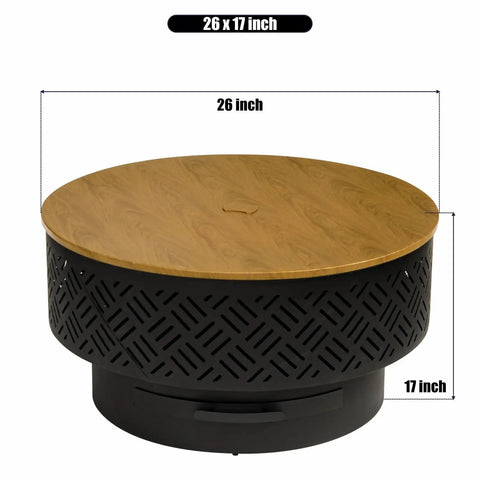 26-Inch Wood Burning Fire Pit Table With Grill And Lid For Outdoor Use, shown as a closed table with geometric cutouts