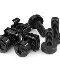 50 Pack Top Shelf Rock Solid M6 Rack Mount Cage Nuts And Hex Screws Paired With Lock Washers Built Tough Black Nickel Plated Steel, close-up of screws.