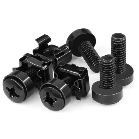 50 Pack Top Shelf Rock Solid M6 Rack Mount Cage Nuts And Hex Screws Paired With Lock Washers Built Tough Black Nickel Plated Steel, close-up of screws.