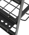 Close-up of Heavy Duty Wall Mounted Tool Rack Black Iron Power Tool Organizer with drill slot and charging shelf.