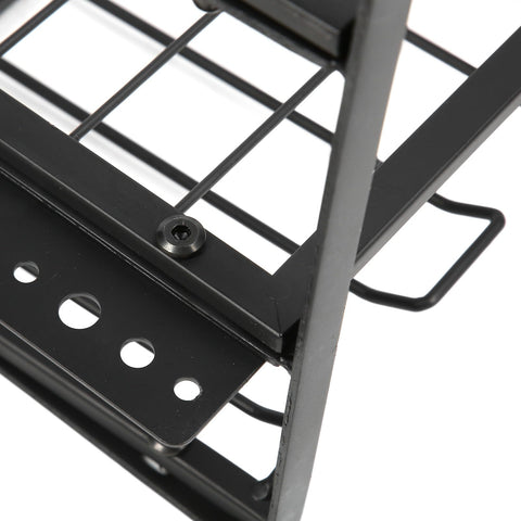 Close-up of Heavy Duty Wall Mounted Tool Rack Black Iron Power Tool Organizer with drill slot and charging shelf.