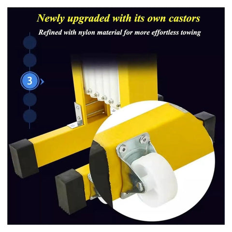 No Sweat Setup Heavy Duty Expandable Metal Barrier With Smooth Roll Wheels, Retractable Mobile Safety Gate, Tough Crowd Control Fence For Garage Jobs And Site Zone Lockdown with nylon castors for easy mobility.