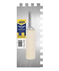 Half Inch Square Notch Carbon Steel Trowel With Wooden Handle For Thinset And Mortar Eleven Inch By Four And A Half Inch Blade on white