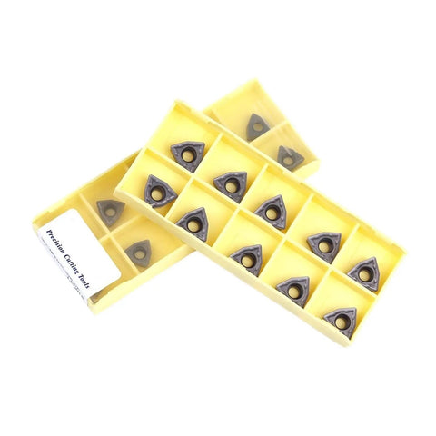 Top Tier 10 Pcs Indexable Carbide Lathe Tool Set For External Turning Steel Stainless Cast Iron With Hard Alloy Blades WCMT06T308-SF LF6018 in yellow storage case with cutting inserts.