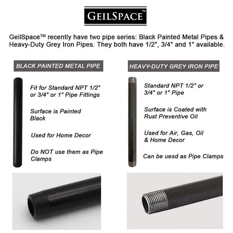 Comparison of black painted metal pipe and heavy-duty grey iron pipes by GeilSpace