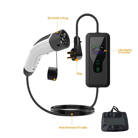 Level 2 Portable EV Charger 32 Amp 220 240 V NEMA 6-50 Plug 16.4 ft Cable with IEC 62196-2 plug, LED display, and travel bag