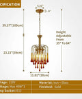 Gold Crystal Pendant Light Fixture For Dining Room And Kitchen Island, Modern Brass Pendant With K9 Crystal Drops, dimensions shown