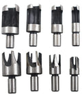 Top Shelf Heavy Duty Titanium Coated Wood Plug Hole Cutter Set Packing Eight Badass Dowel Borer Bits showing sizes and steel material for countersinking.