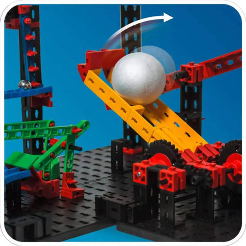 Advanced Funny Machines Construction Kit With 585 Parts For Building 3 Dope Models Like Marble Run And Cable Car Courses Trigger Domino Effects Launch A Catapult And Easily Integrate Dominoes Or Other Toys For Endless STEM Fun. 585-piece plastic marble run with catapult and ball track