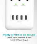 Four USB ports on three-outlet wall mount surge protector with 900 joules, phone holder cradle, ETL certified, space-saving 2 pack