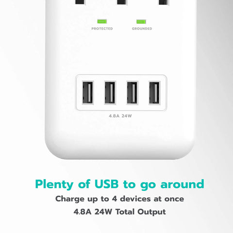 Four USB ports on three-outlet wall mount surge protector with 900 joules, phone holder cradle, ETL certified, space-saving 2 pack