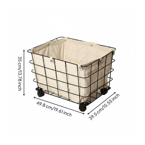 Heavy Duty Rolling Storage Basket For Toys, Smooth Swivel Caster Wheels Organizer With Removable Canvas Liner, Heavy Hitter Rectangle Bin For Playroom And Kids, showing dimensions and design.
