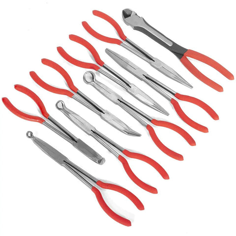 Nine Piece 11 Inch Long Reach Needle Nose Pliers Set For Tight Spots Bent Nose 45 Degree And 90 Degree Pliers with red handles