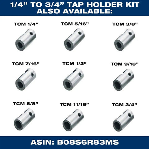 Various sizes of Weldon Tap Holder For Half Inch Taps, Fast Change Collet Adapter For Magnetic Drill Presses displayed.