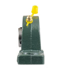 Side view of Amazon Eowpower UCP202-10 pillow block bearing, 5/8 in ID, green housing with yellow set-screw lock knob.