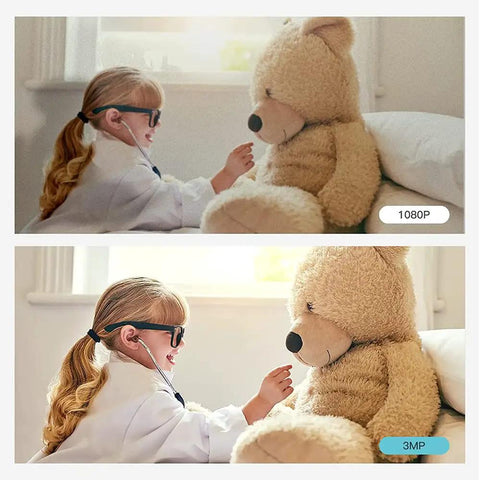 Little girl in doctor costume playing with large teddy bear, illustrating the clarity difference between 1080p and 3MP resolutions.