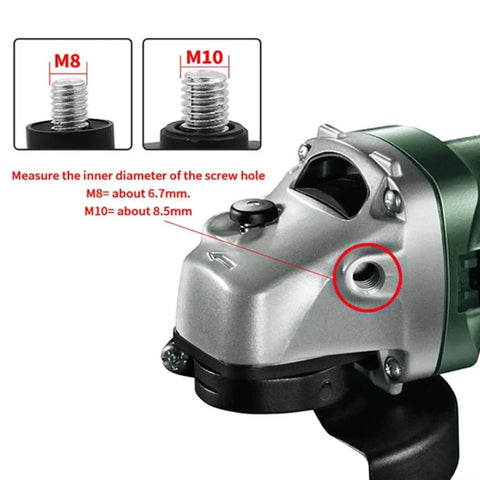 Angle Grinder Side Handle With 8mm And 10mm Thread Mounts, Auxiliary Grip For Grinding, Cutting And Polishing, Heavy Duty Plastic And Metal Construction, Black, 1 Pack M8 showing M8 and M10 fit