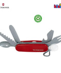 Kids Pocket Knife Toy 4.4 Inch VX Red Swiss Army Style Pretend Tool with fork and spoon extended, stainless steel look, for young adventurers.