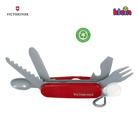 Kids Pocket Knife Toy 4.4 Inch VX Red Swiss Army Style Pretend Tool with fork and spoon extended, stainless steel look, for young adventurers.