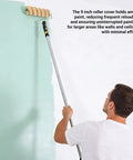 9 Inch Paint Roller Kit With Rustproof Steel Frame And Ultra Thick Nap Pad Designed For Interior Walls And Ceilings in use on a wall.