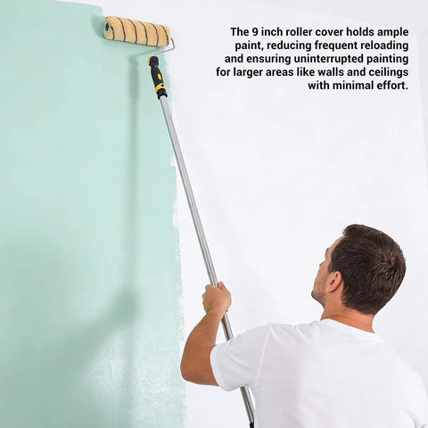 9 Inch Paint Roller Kit With Rustproof Steel Frame And Ultra Thick Nap Pad Designed For Interior Walls And Ceilings in use on a wall.