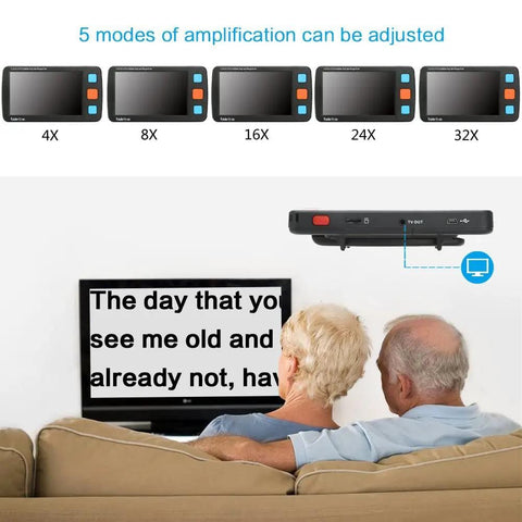 Grab And Go Handheld Digital Video Magnifier With TV AV Output 4X To 32X Zoom 5 Inch Screen Color Modes in use by couple.