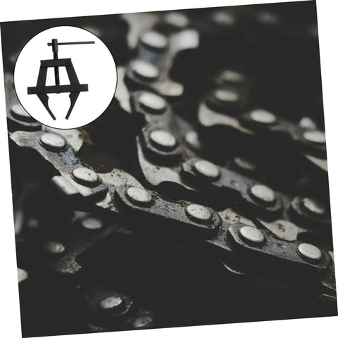 No Fuss Heavy Duty Motorcycle Chain Tensioner And Adjuster Tool crafted from solid steel against a chain background.