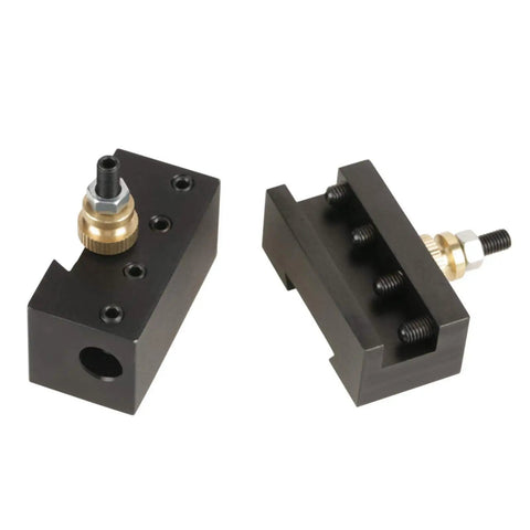 Badass Slick Quick Change Mini Lathe Tool Post Holder with aluminum attachment, compact metal design for precision cutting.