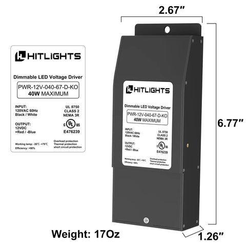 Dimmable LED Driver 12V 40W Magnetic Power Supply Transformer with dimensions and label details shown in black casing