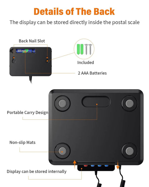 Back view of Digital Shipping Scale Half Ounce To 440 Pound High Accuracy Postal Scale with nail slot and battery inclusion.
