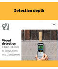 Heavy Duty Digital Wall Stud Finder With Lcd Display, 5 In 1 Scanner showing wood detection depth on LCD screen.