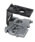 Angled view of RC motor mount bracket for 1/8 scale brushless motors; silver base with black top plate