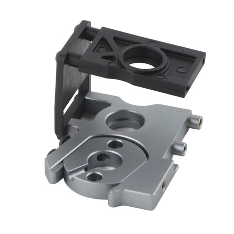 Angled view of RC motor mount bracket for 1/8 scale brushless motors; silver base with black top plate