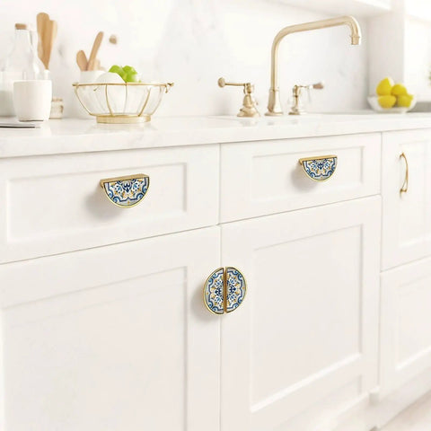Ornate Baroque Tile Cabinet Handles 3 Inch Hole Center Semicircle Drawer Pulls Solid Zinc Alloy Gold For Kitchen Bathroom Dresser Inspired By Talavera Tiles With Vibrant Hand Painted Patterns on white kitchen cabinets