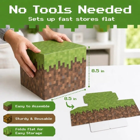Fire Pixel Art Party Favor Boxes 8 Pack Grass Cubes Containers Sturdy Cardboard Treat Holders For Epic Birthday Bash And Legit Squad Game Night Essentials Today, 8.5 in cube being assembled.
