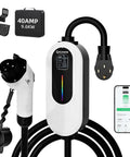 Plug And Play Level 2 EV Charger 40 Amp 240 Volt With WiFi App Control showing 25ft cable, user interface on phone and connector.