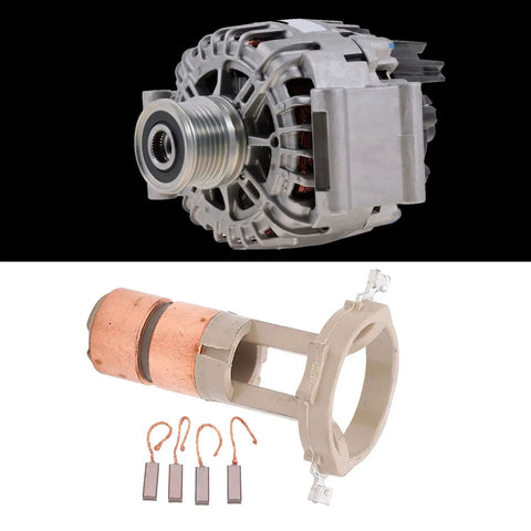 Premium Alternator Rebuild Kit With Heavy Duty Slip Ring Brush Set For Sprinter And Generators, showing alternator and copper brush assembly.