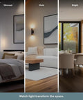 Three interiors showing dimmed, vivid, and bright lighting with Five Dimmer Switch Bundle for Home Lighting, 3-Way 4-Way and Single Pole.