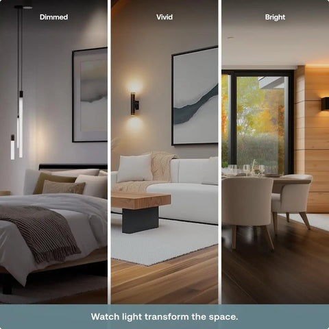 Three interiors showing dimmed, vivid, and bright lighting with Five Dimmer Switch Bundle for Home Lighting, 3-Way 4-Way and Single Pole.