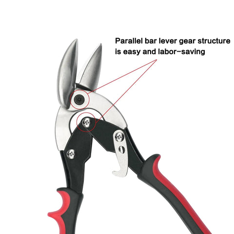 Close-up of left offset tin cutting shear showing parallel bar lever, part of 2 Piece Left And Right Offset Tin Cutting Shears With Comfort Grip And Safety Lock For Cutting Thin To Moderately Hard Metal Materials Great For Precise Straight Or Curved Cuts And Long Trim Jobs In Metalworking.