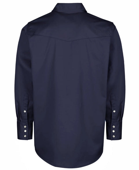 Back view of Men's Flame Resistant Welding Shirt With Pearl Snap Front, 7.5oz 100 Percent Cotton FR Twill, Navy, HRC2 Arc Rated