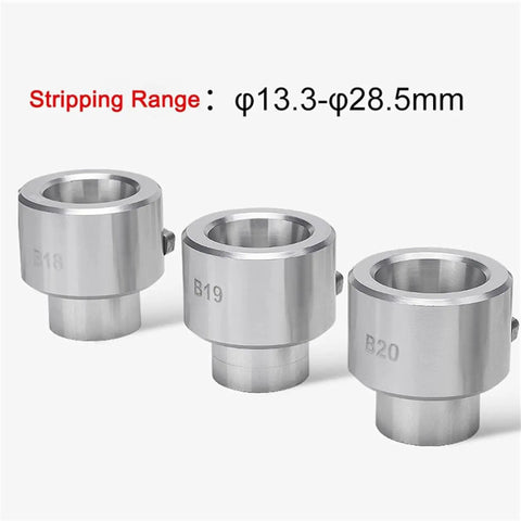 Eiwitany Electric Wire Stripping And Cutting Machine Adjustable Speed Copper Cable Cutter Tool Compact Portable Auto Peeler showing stripping nozzles B18, B19, B20.