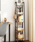 Rustic Brown Ladder Shelf Corner Bookcase Industrial Style Freestanding Multipurpose Display Rack For Books Plants And Cozy Home Setup With Heavy Duty Frame in a home office setting with a desk.
