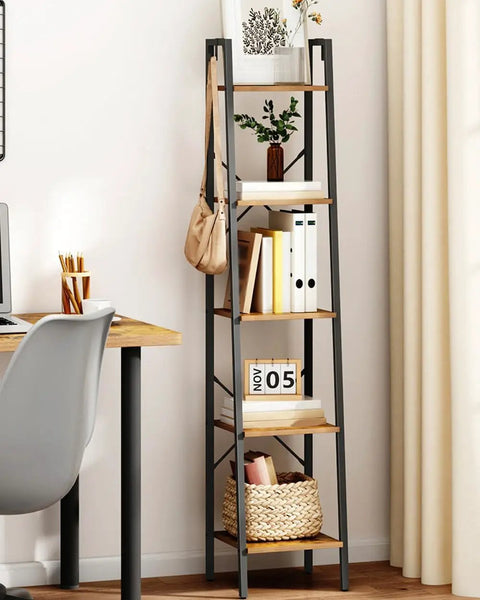 Rustic Brown Ladder Shelf Corner Bookcase Industrial Style Freestanding Multipurpose Display Rack For Books Plants And Cozy Home Setup With Heavy Duty Frame in a home office setting with a desk.