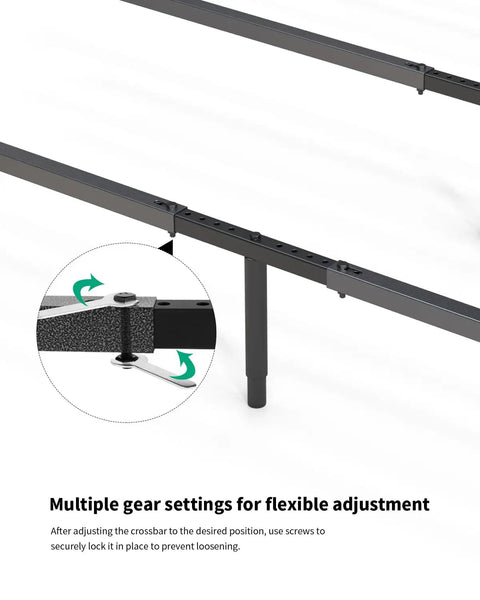 Heavy Duty Queen Bed Frame Sag Saver Center Support Cross Bars Steel Reinforcement Kit showing multiple gear settings for adjustment.