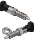 Heavy Duty Stainless Steel Spring Plunger With No Slip Self Locking Knob And Precision Positioning Pin For Garage Jobs shown from the side.