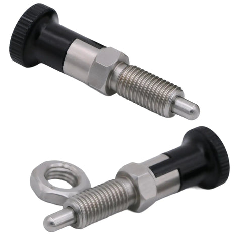 Heavy Duty Stainless Steel Spring Plunger With No Slip Self Locking Knob And Precision Positioning Pin For Garage Jobs shown from the side.