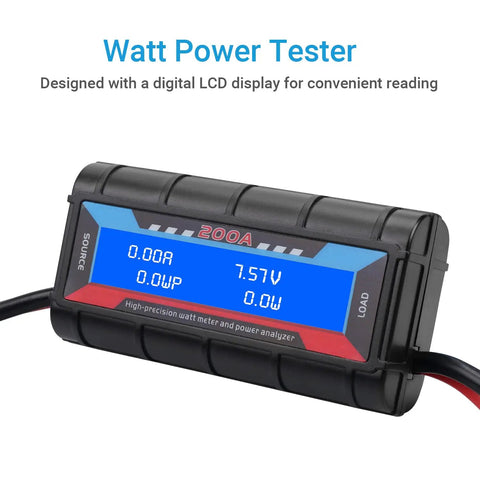 200A High Precision Power Analyzer And Multi Meter For DIY DC Power Projects That Reads Volts Amps And Watts With 8V To 60V Range Bright Blue Backlit LCD And 12 Gauge Lead Wires For Accurate Readings And Troubleshooting. Black 200A DC watt tester with blue LCD and lead wires